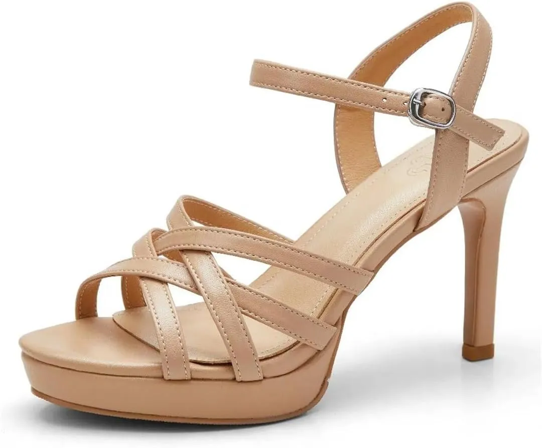 Women's Leather Narrow Band Strap High Heel Open Toe Ankle Strap Pumps Ladies Summer Dress Shoes