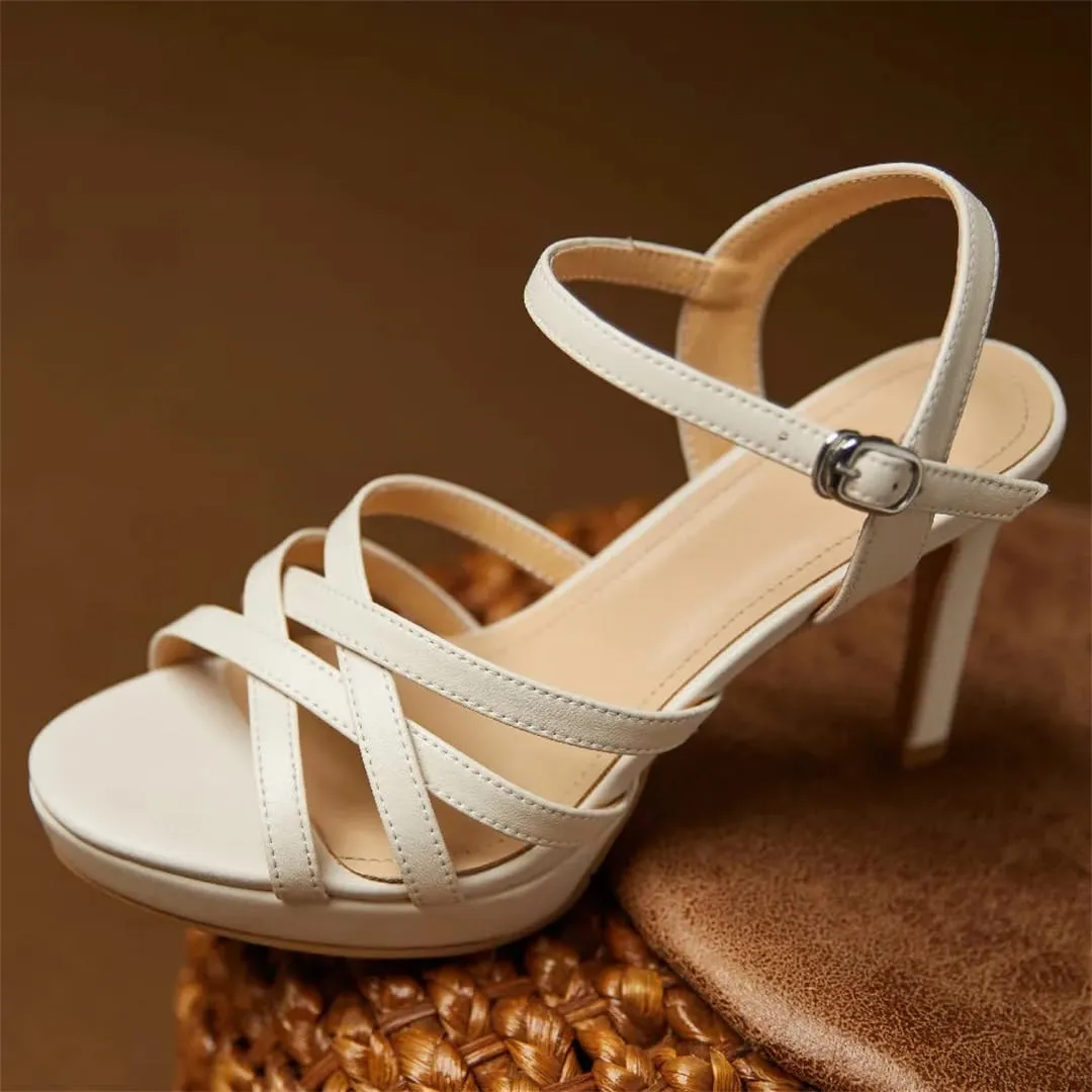 Women's Leather Narrow Band Strap High Heel Open Toe Ankle Strap Pumps Ladies Summer Dress Shoes