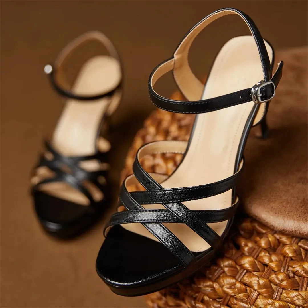 Women's Leather Narrow Band Strap High Heel Open Toe Ankle Strap Pumps Ladies Summer Dress Shoes
