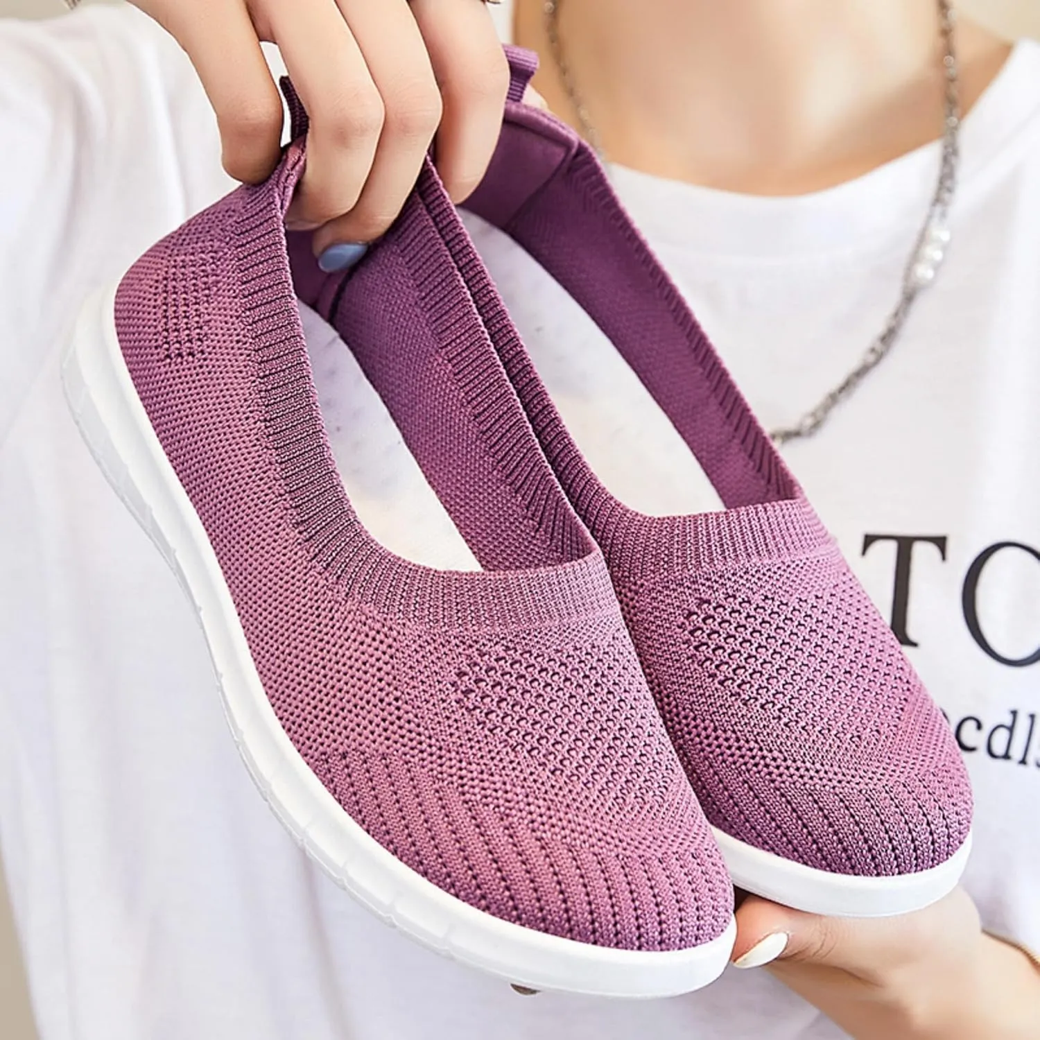 Womens Slip On Loafer Shoes Mesh Lightweight Flat Shoes for Women Low-Top Round Toe Knit Memory Foam Sneaker