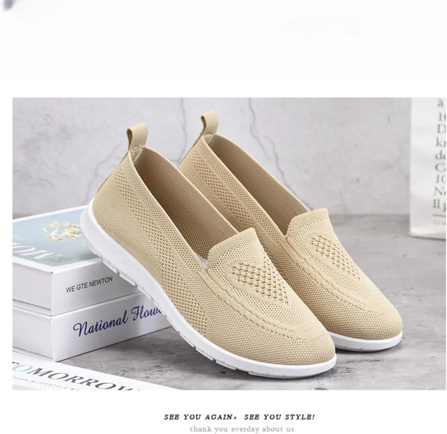 Womens Slip On Loafer Shoes Mesh Lightweight Flat Shoes for Women Low-Top Round Toe Knit Memory Foam Sneaker