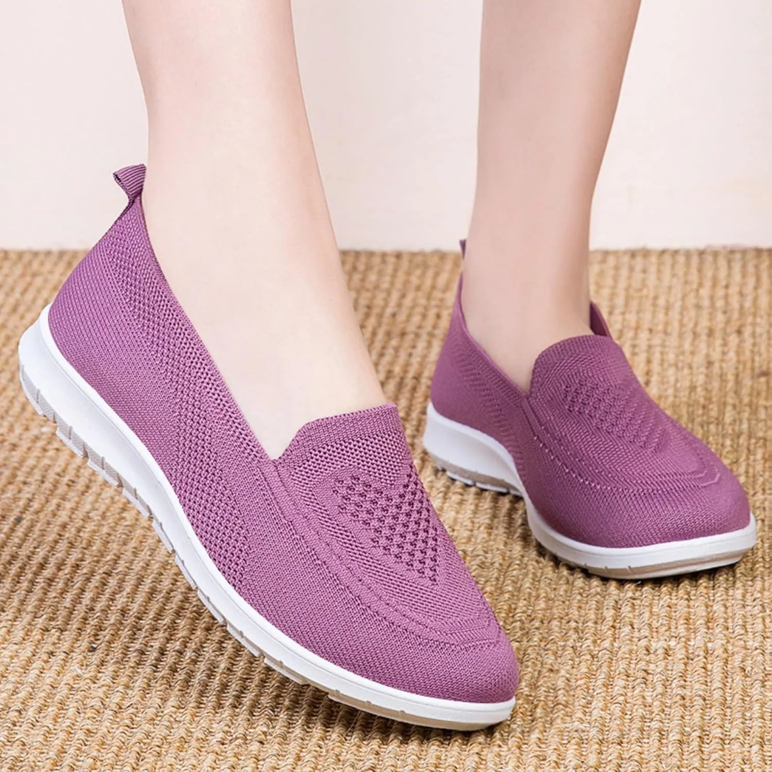 Womens Slip On Loafer Shoes Mesh Lightweight Flat Shoes for Women Low-Top Round Toe Knit Memory Foam Sneaker