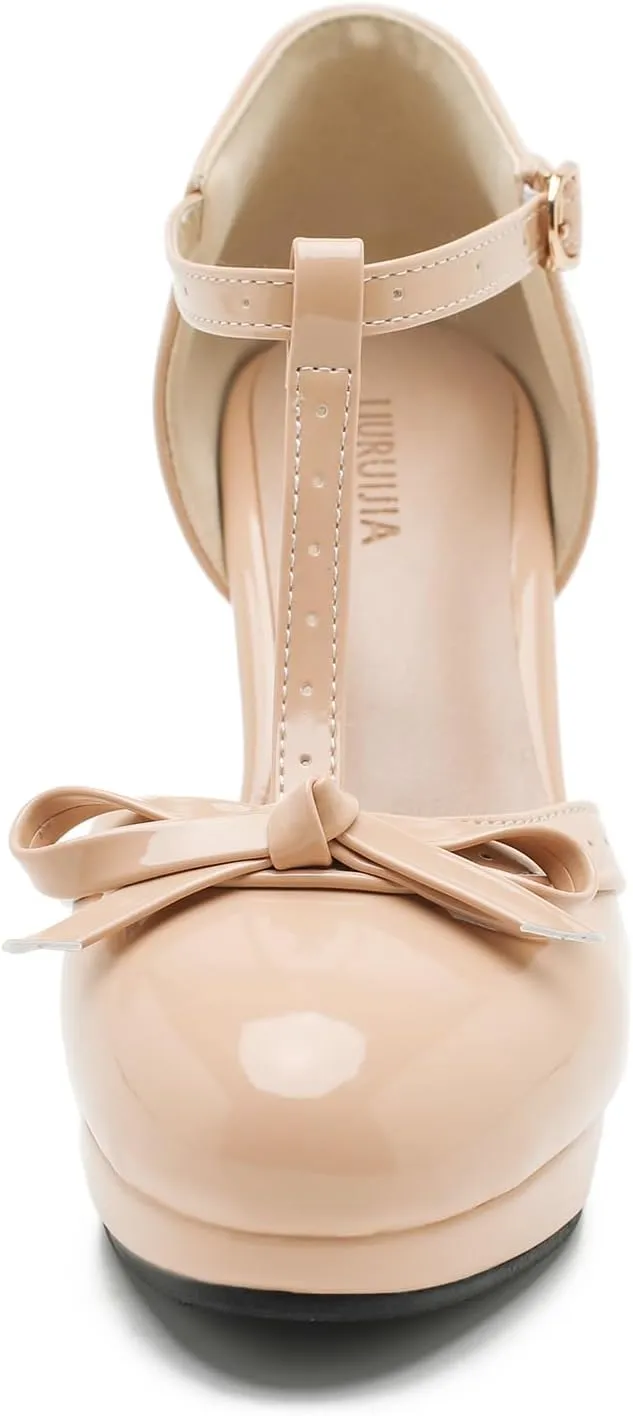 Womens T-Strap Mary Janes Platform Bow Heels Lolita Shoes Round Toe Ankle Strap Vintage 1950 Dress Shoes Oxfords Pumps