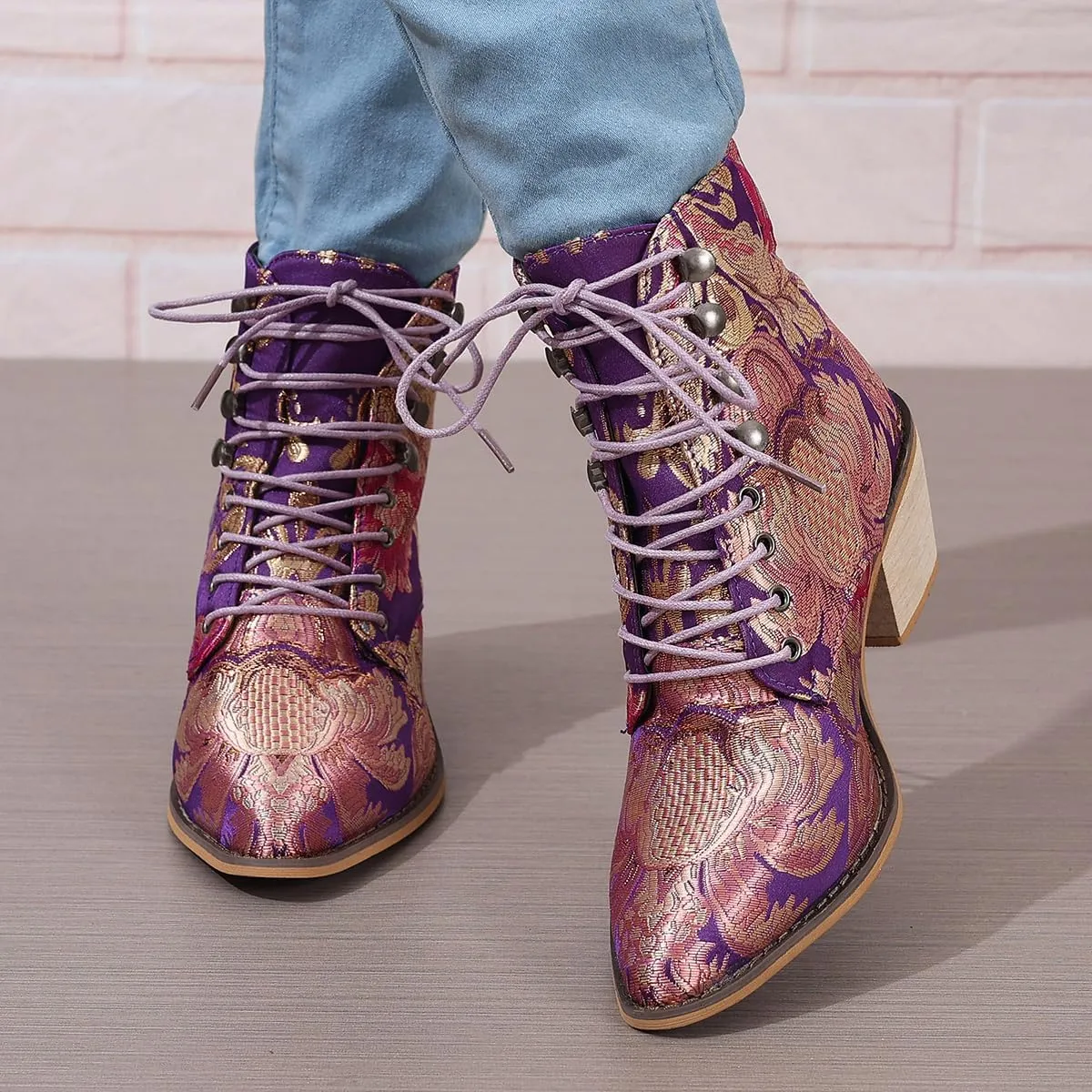 Womens Vintage Floral Embroidered Block Heel Cowboy Ankle Boots Pointed Toe Lace Up Chunky Heel Short Booties