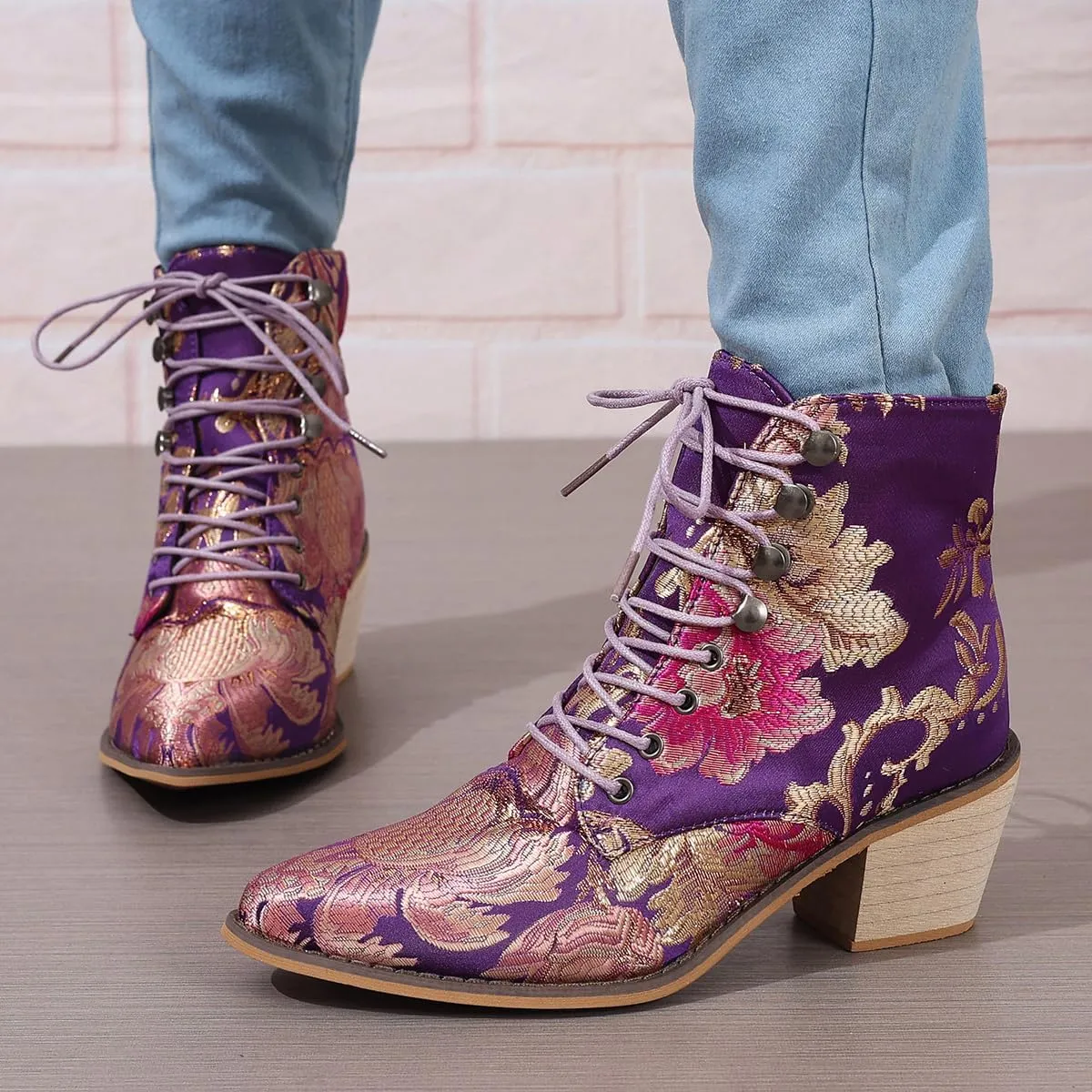 Womens Vintage Floral Embroidered Block Heel Cowboy Ankle Boots Pointed Toe Lace Up Chunky Heel Short Booties