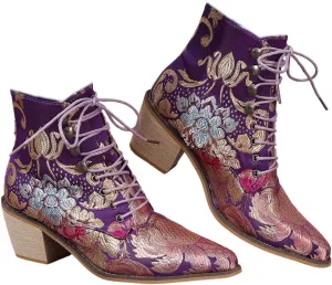 Womens Vintage Floral Embroidered Block Heel Cowboy Ankle Boots Pointed Toe Lace Up Chunky Heel Short Booties