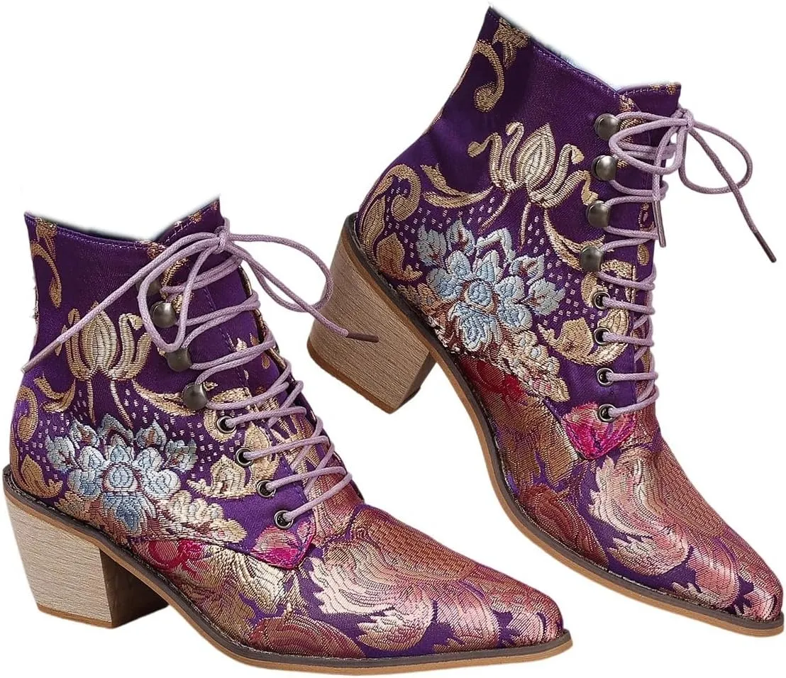 Womens Vintage Floral Embroidered Block Heel Cowboy Ankle Boots Pointed Toe Lace Up Chunky Heel Short Booties