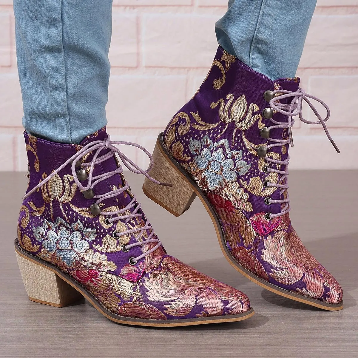 Womens Vintage Floral Embroidered Block Heel Cowboy Ankle Boots Pointed Toe Lace Up Chunky Heel Short Booties