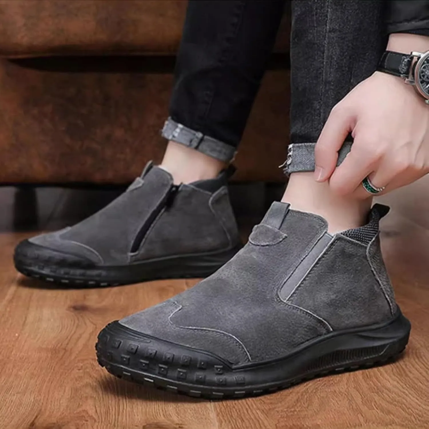Work Boots for Men Cowboy Style Hiking Sneakers Fur Lined Ankle Boot Women Safety Shoes Soft Toe Waterproof Outdoor Shoes Lightweight Hike Grounded Footwear