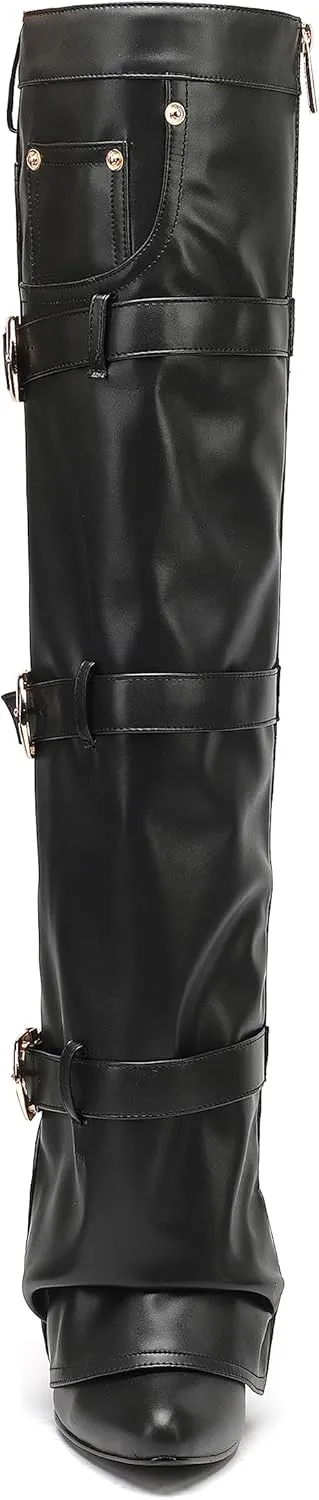 YIYA Women's Fold Over Knee High Boots with Buckle Pointed Toe Chunky High Heels Tall Boots