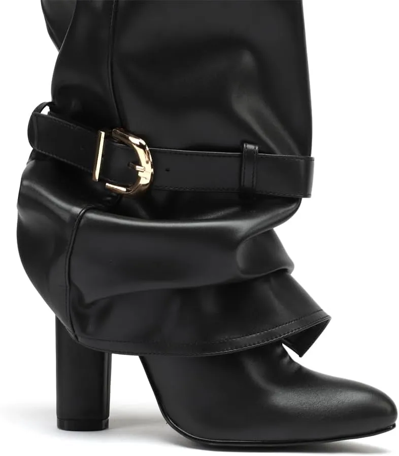 YIYA Women's Fold Over Knee High Boots with Buckle Pointed Toe Chunky High Heels Tall Boots