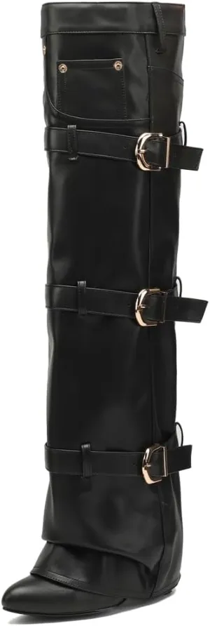 YIYA Women's Fold Over Knee High Boots with Buckle Pointed Toe Chunky High Heels Tall Boots