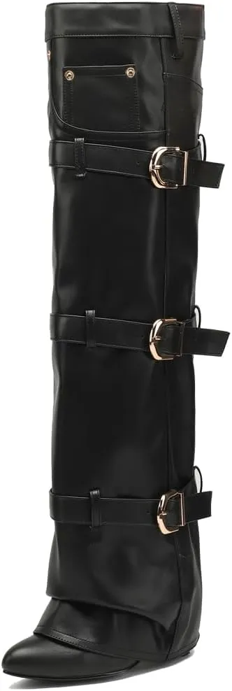 YIYA Women's Fold Over Knee High Boots with Buckle Pointed Toe Chunky High Heels Tall Boots