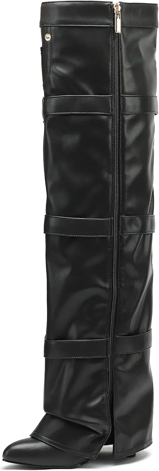 YIYA Women's Fold Over Knee High Boots with Buckle Pointed Toe Chunky High Heels Tall Boots
