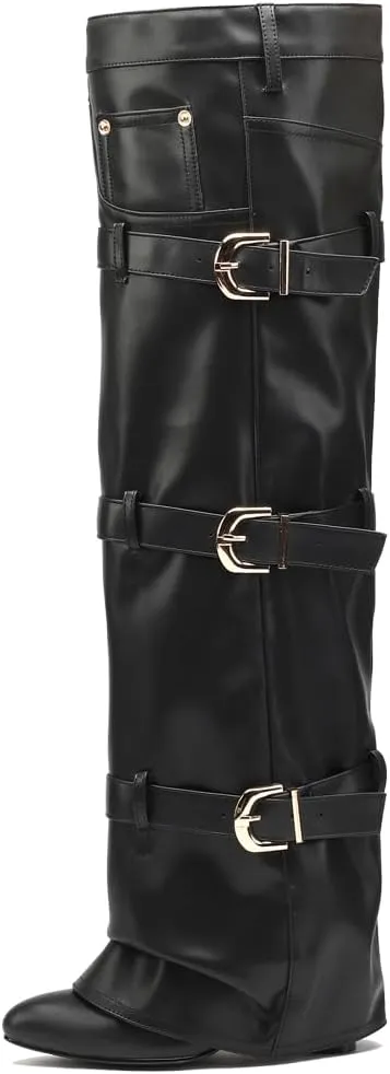 YIYA Women's Fold Over Knee High Boots with Buckle Pointed Toe Chunky High Heels Tall Boots