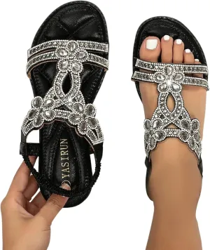 ZKXYFFS Women's Rhinestone Beaded Flat Sandals Summer T-Strap Elastic Ankle Strap Flower Beach Shoes Walking Orthopedic Slip-on Sandal