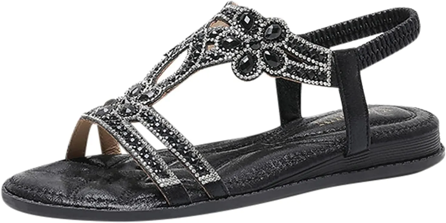ZKXYFFS Women's Rhinestone Beaded Flat Sandals Summer T-Strap Elastic Ankle Strap Flower Beach Shoes Walking Orthopedic Slip-on Sandal