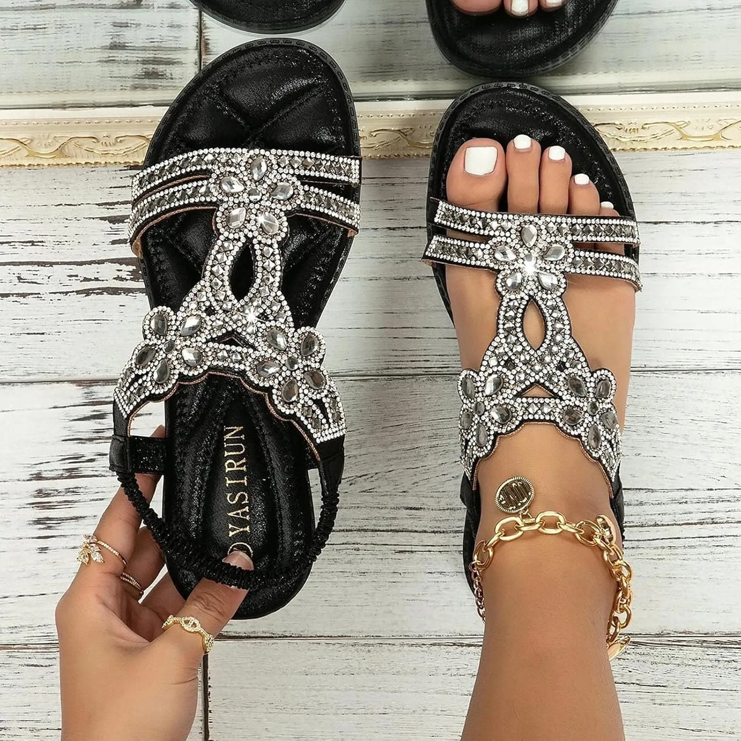 ZKXYFFS Women's Rhinestone Beaded Flat Sandals Summer T-Strap Elastic Ankle Strap Flower Beach Shoes Walking Orthopedic Slip-on Sandal